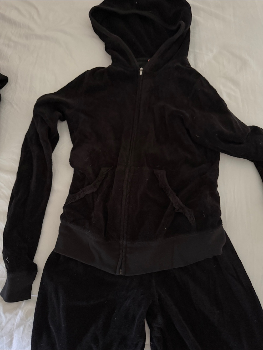 Juicy Couture Black Hooded Zip Jacket and lounge pants set with ruffle detail
